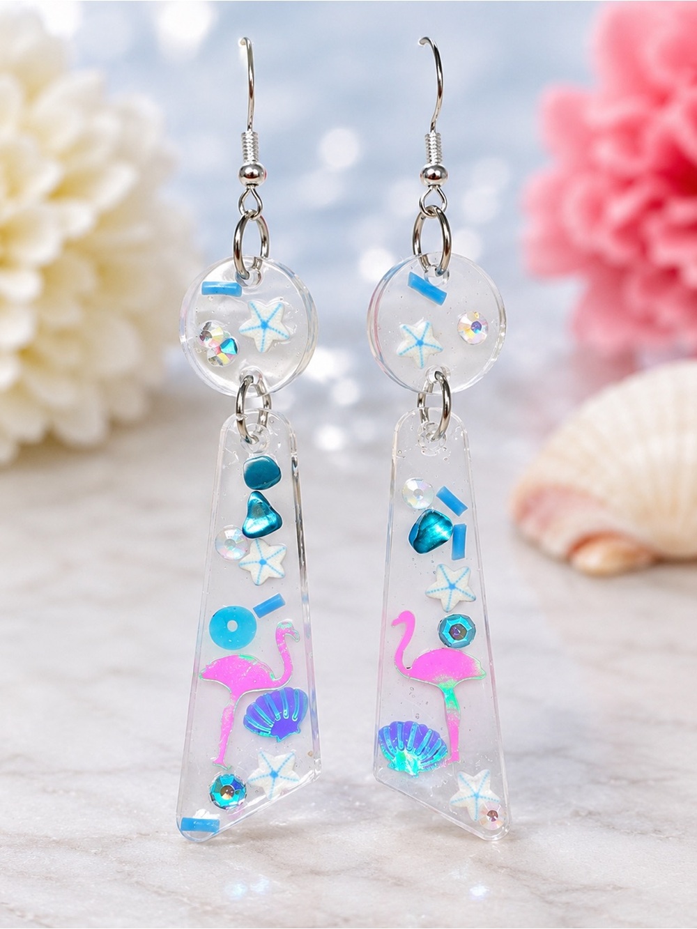 Clear Resin Flamingo Drop Earrings with Blue & Pink Accents